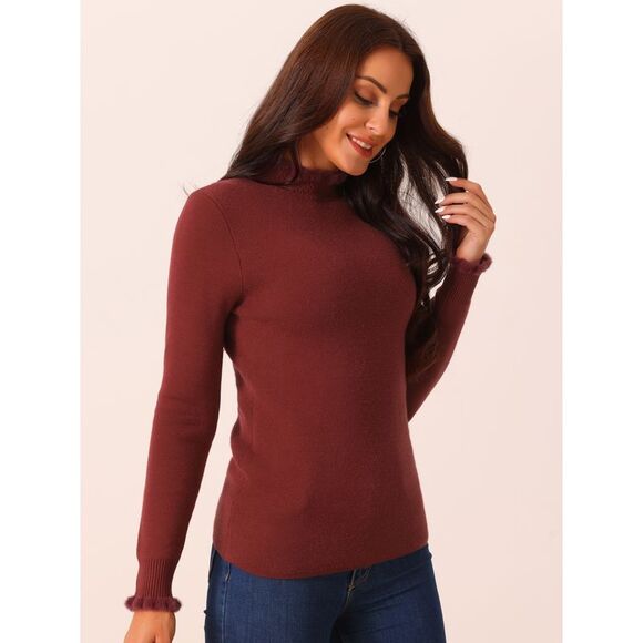 Fall Winter Fluffy Lined Long Sleeve Ribbed Knit Slim Fit Casual Top Wine Red - Picture 2 of 5